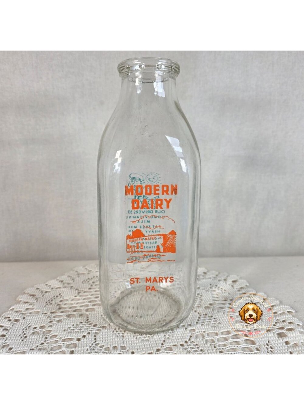 Vintage Modern Dairy Milk Bottle St. Mary's PA Orange Blue Pyro Glass Farmhouse